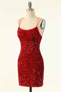 Red Sequin Lace-Up Bodycon Mini Homecoming Dress