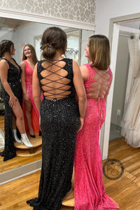 Squines Mermaid V  Neckline Lace-Up Back Slit Long Prom Dress