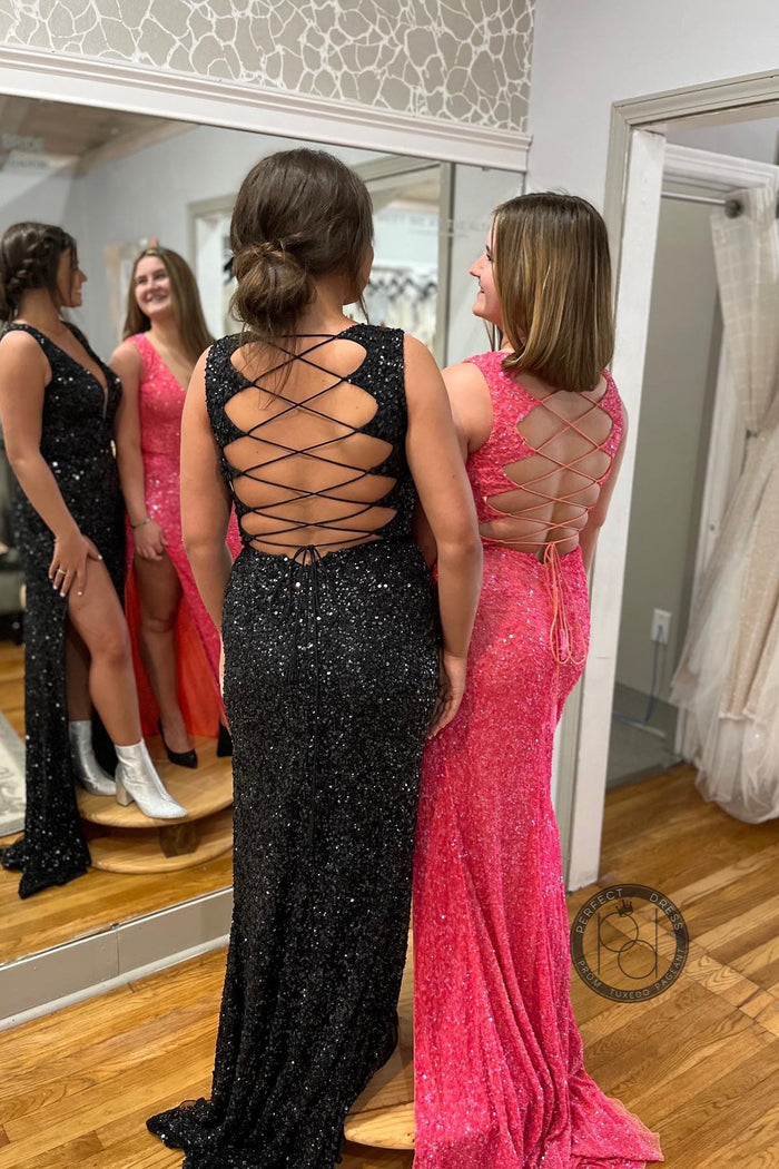 Squines Mermaid V  Neckline Lace-Up Back Slit Long Prom Dress