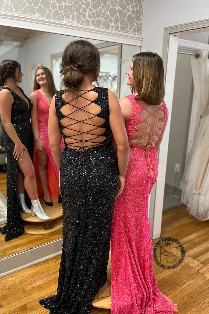 Squines Mermaid V  Neckline Lace-Up Back Slit Long Prom Dress