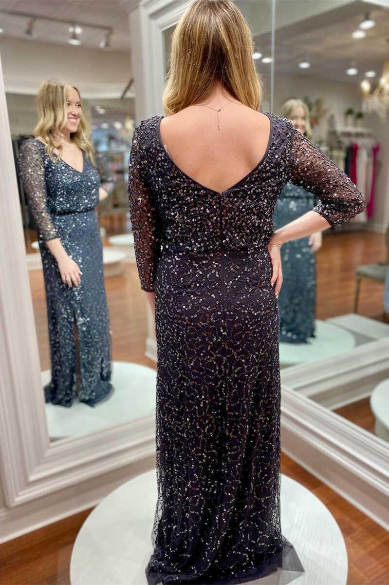 Black Sequin V-Neck Backless Long Mother of the Bride Dress