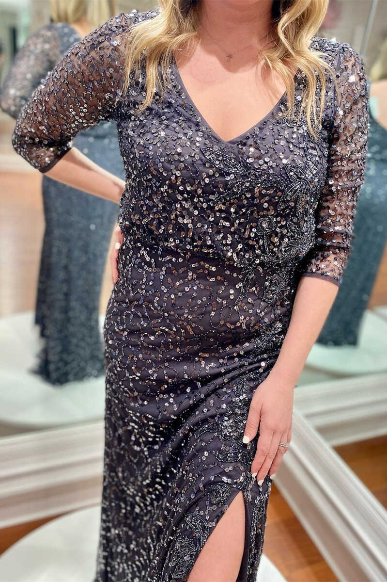 Black Sequin V-Neck Backless Long Mother of the Bride Dress