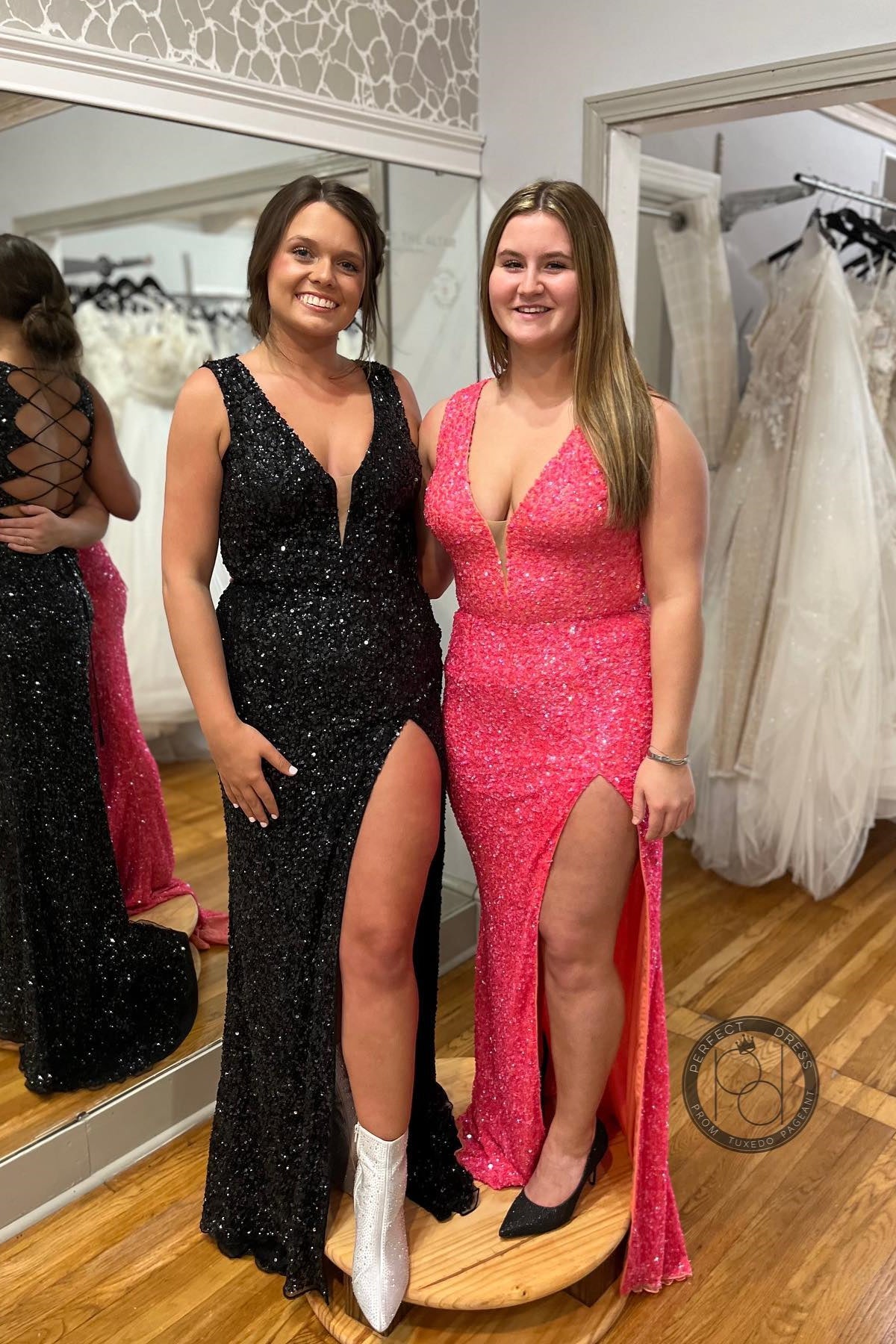 Squines Mermaid V  Neckline Lace-Up Back Slit Long Prom Dress