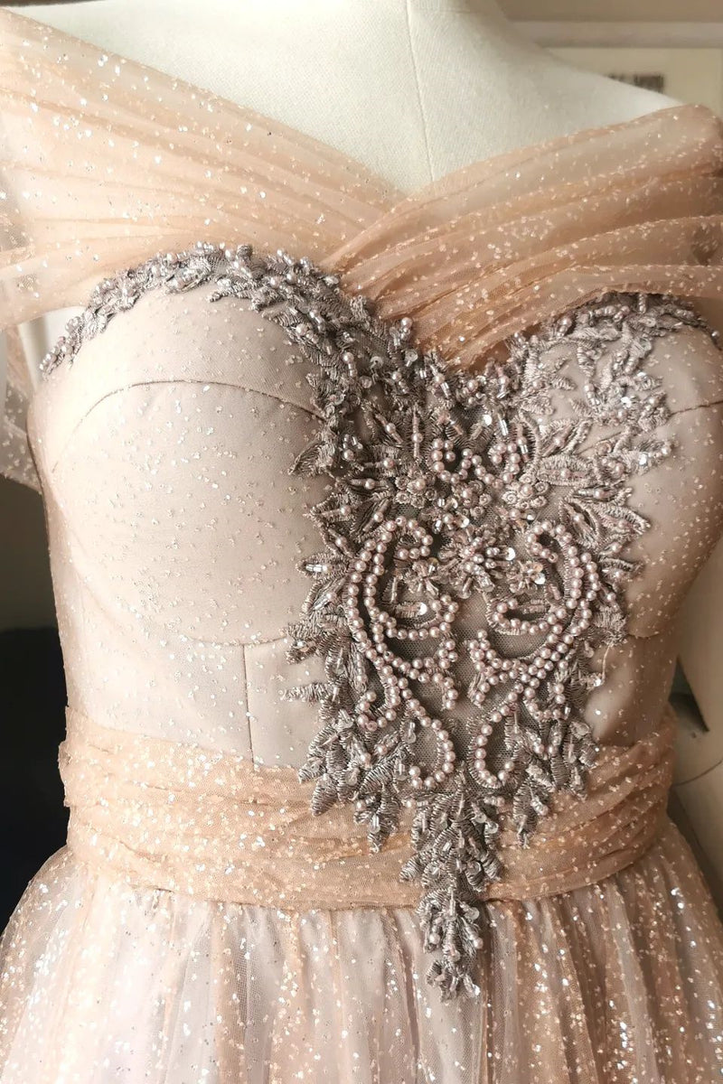 Blushing Pink A-line Illusion PortraitBeaded Appliques Lace-Up Long Prom Dress