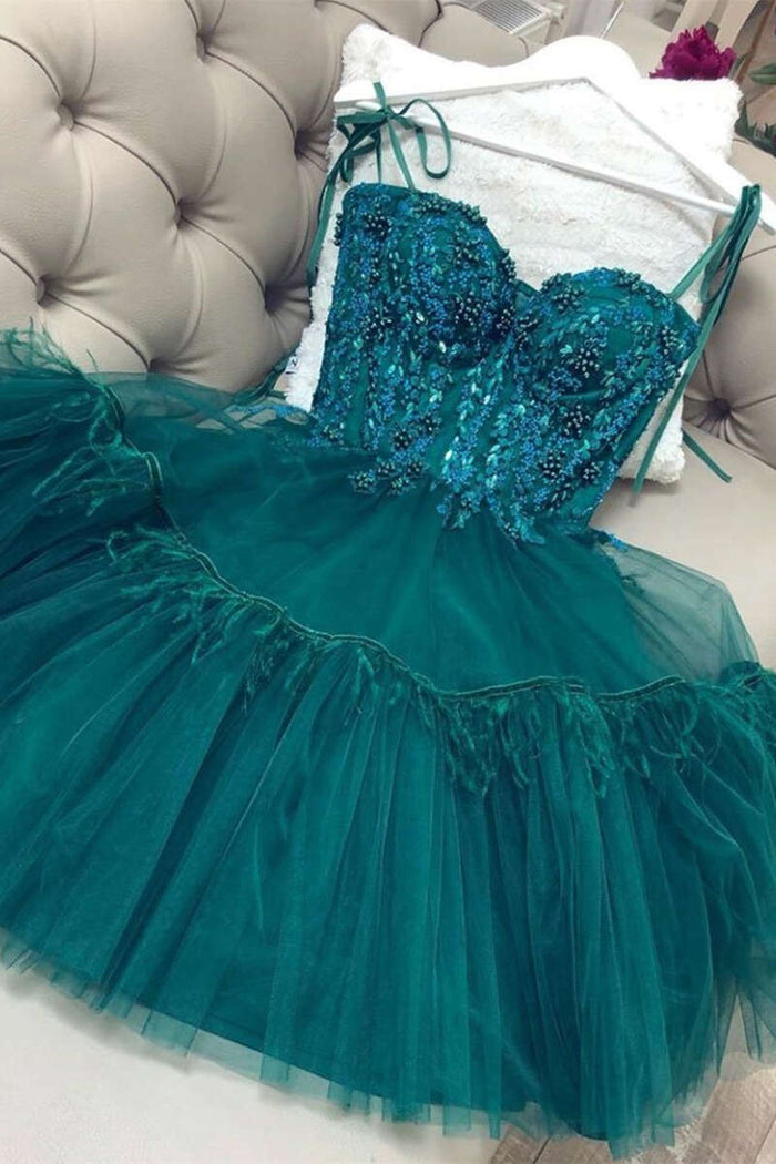 Emerald Sweetheart Tie-Strap A-Line Short Homecoming Dress