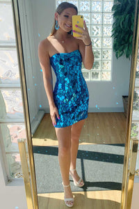 Blue Cut Glass Mirror Strapless Mini Homecoming Dress