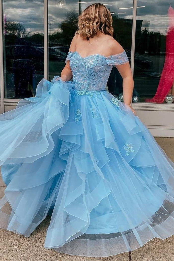 Light Blue Tulle Off-the-Shoulder Tiered A-Line Prom Dress