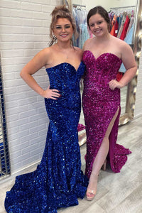 Fuchsia Sequin Sweetheart Mermaid Long Prom Dress with Slit