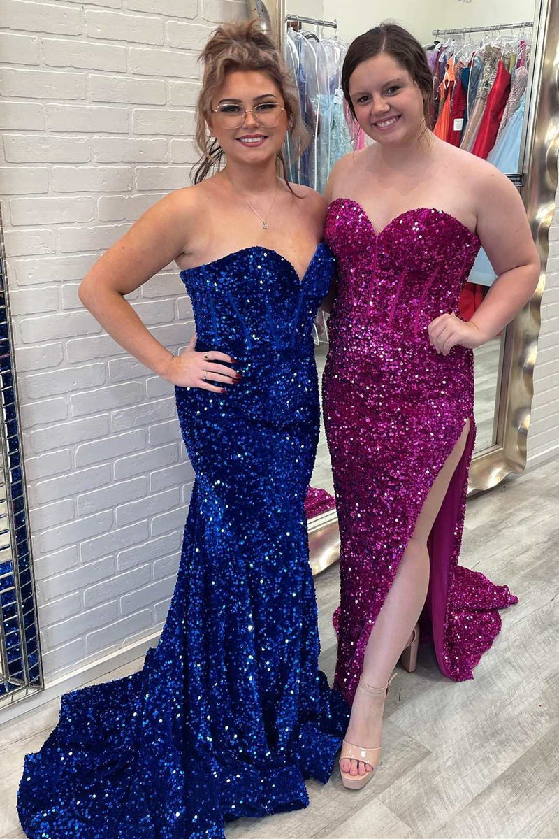 Fuchsia Sequin Sweetheart Mermaid Long Prom Dress with Slit