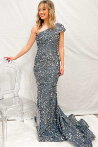 Hot Pink Sequin One-Shoulder Mermaid Long Prom Dress