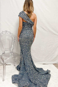 Hot Pink Sequin One-Shoulder Mermaid Long Prom Dress