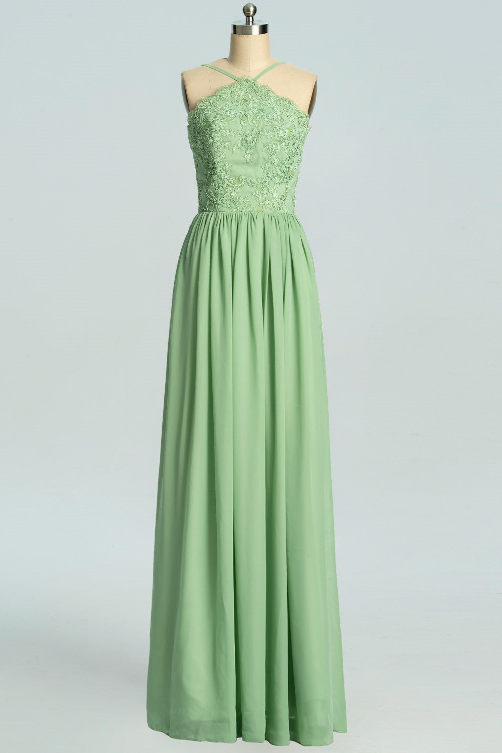 Straps Sage Green Chiffon Appliques Long Bridesmaid Dress