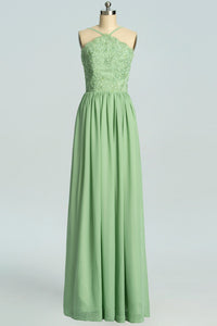Straps Sage Green Chiffon Appliques Long Bridesmaid Dress
