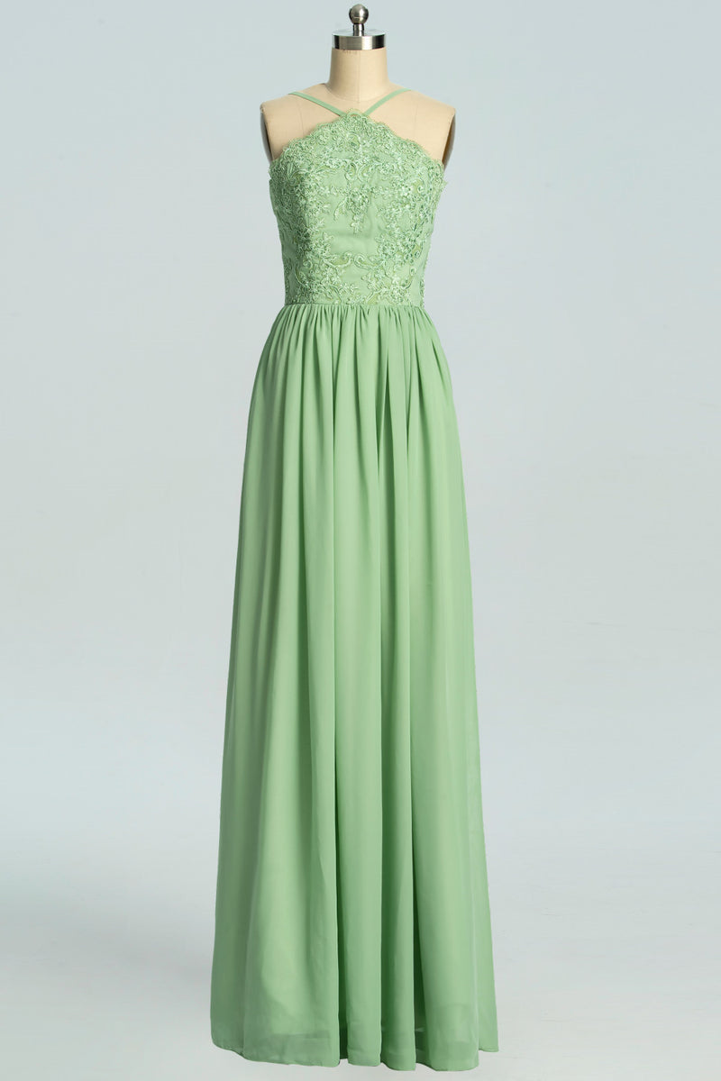 Straps Sage Green Chiffon Appliques Long Bridesmaid Dress