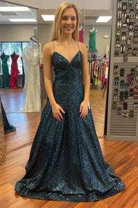 Indigo Sequin V-Neck Lace-Up A-Line Prom Dress
