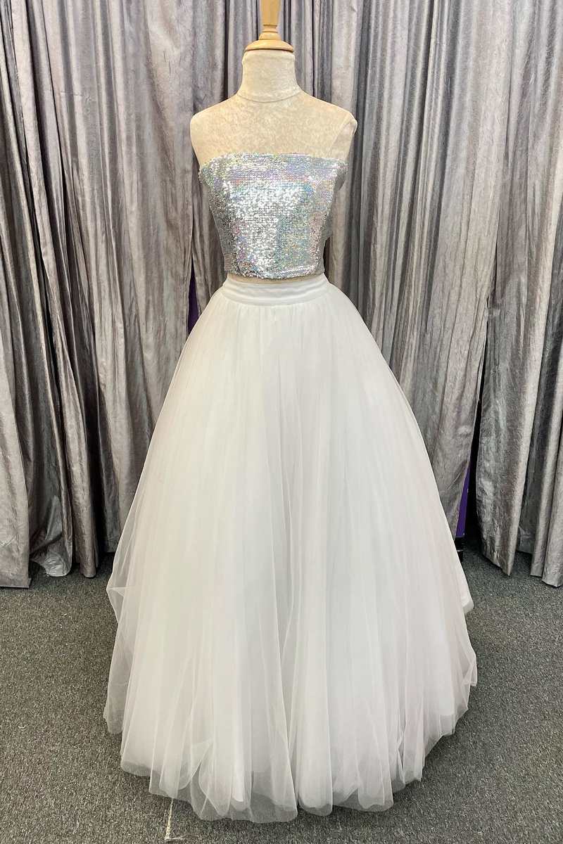 Two-Piece Silver Sequin A-Line Prom Dress