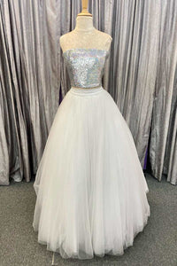 Two-Piece Silver Sequin A-Line Prom Dress