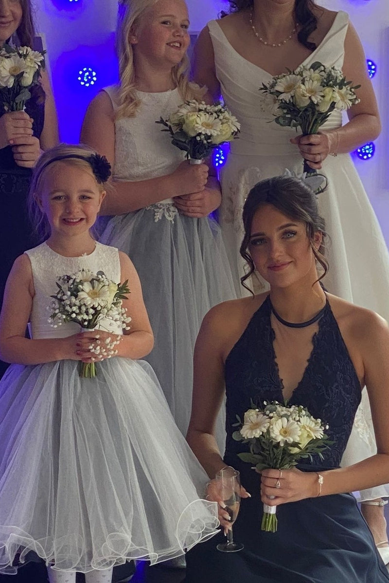 Light Blue Sleeveless Appliques Long Flower Girl Dress with Bow Tie back Sash