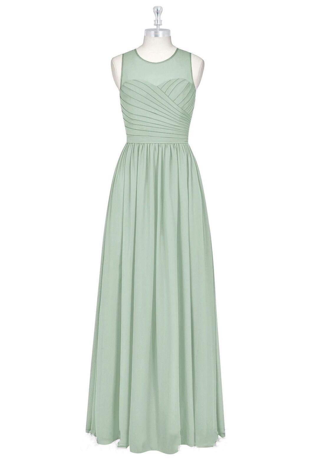 Sage Green Chiffon Sheer Neck A-Line Long Bridesmaid Dress