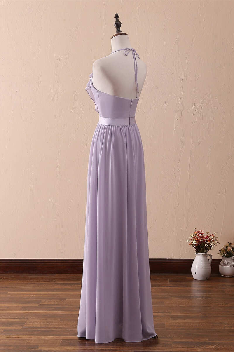 Lilac Halter Open Back Ruffled Long Bridesmaid Dress