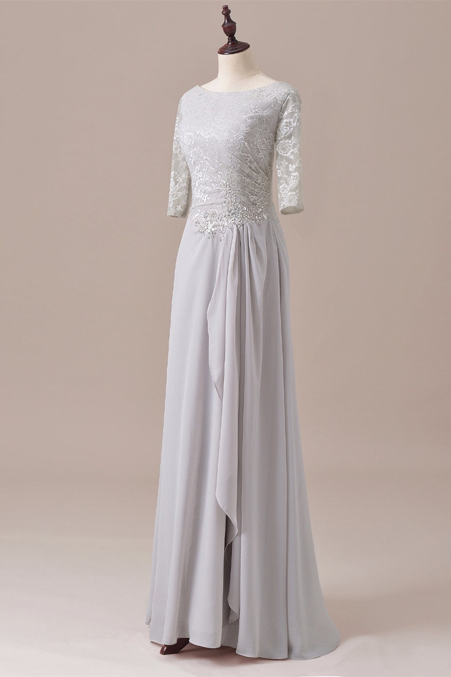 Grey Lace Ruched Side Half Sleeve Long Mother of the Bride Dress