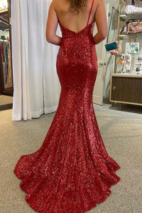 Red Sequin One-Shoulder Ruched Mermaid Long Prom Gown