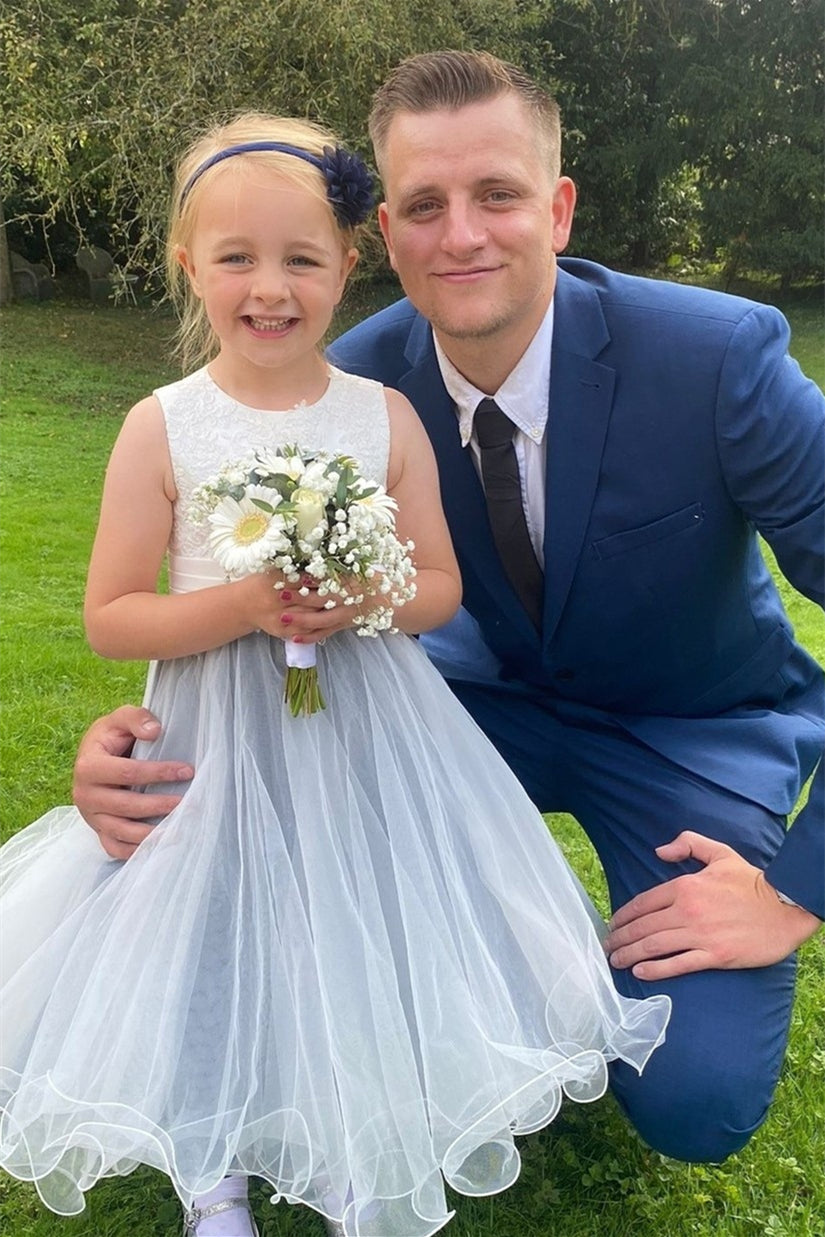 Light Blue Sleeveless Appliques Long Flower Girl Dress with Bow Tie back Sash