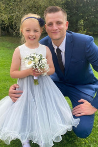 Light Blue Sleeveless Appliques Long Flower Girl Dress with Bow Tie back Sash