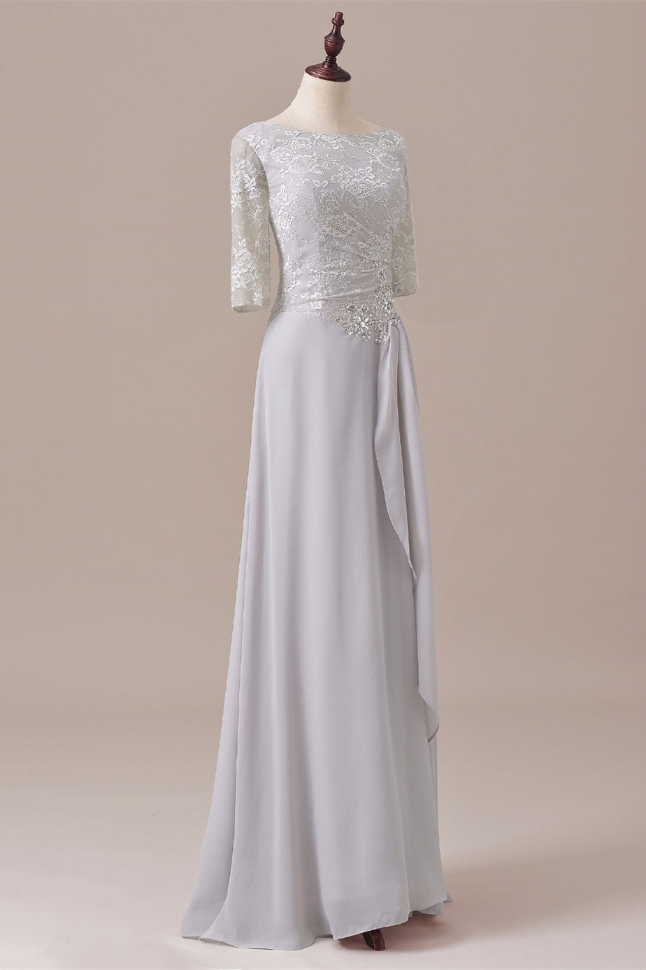 Grey Lace Ruched Side Half Sleeve Long Mother of the Bride Dress