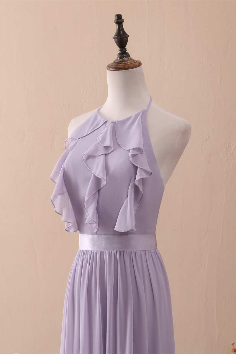 Lilac Halter Open Back Ruffled Long Bridesmaid Dress