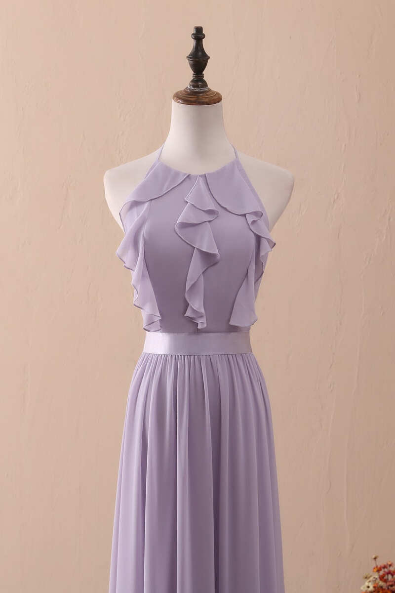 Lilac Halter Open Back Ruffled Long Bridesmaid Dress