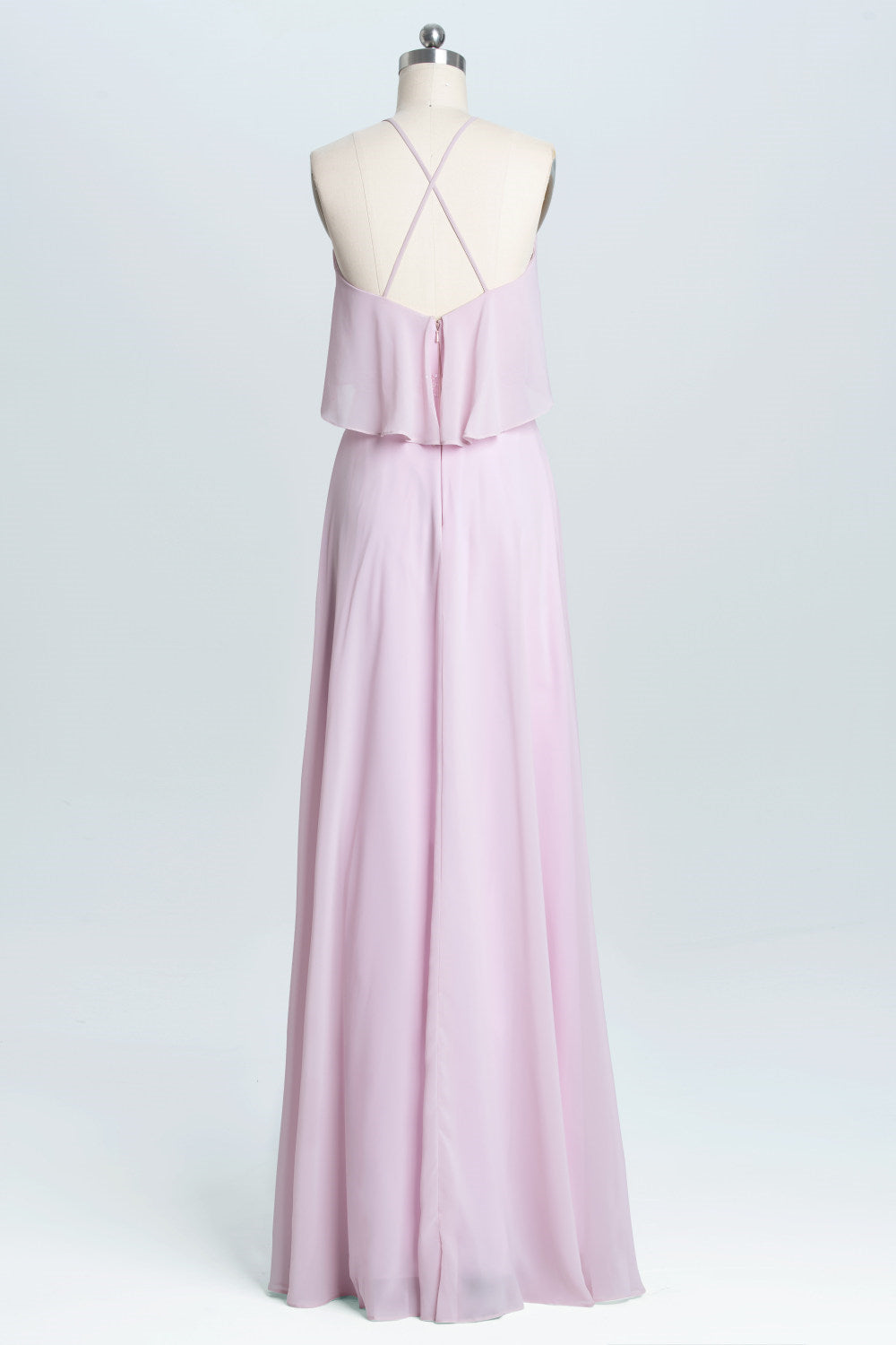 Pink Straps Flounce Chiffon A-line Long Bridesmaid Dress