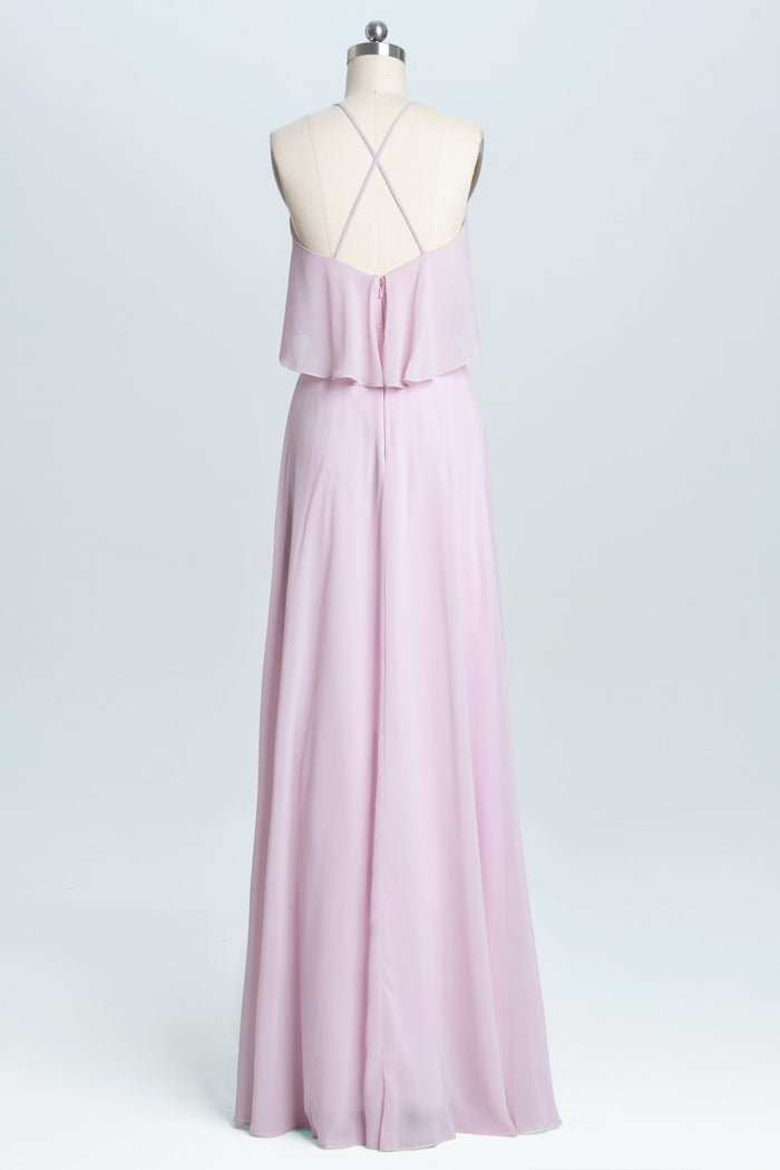 Pink Straps Flounce Chiffon A-line Long Bridesmaid Dress