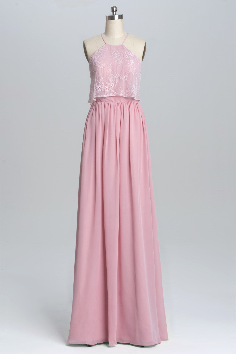 Straps Pink Lace Flounce A-line Long Bridesmaid Dress