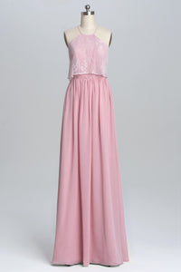 Straps Pink Lace Flounce A-line Long Bridesmaid Dress