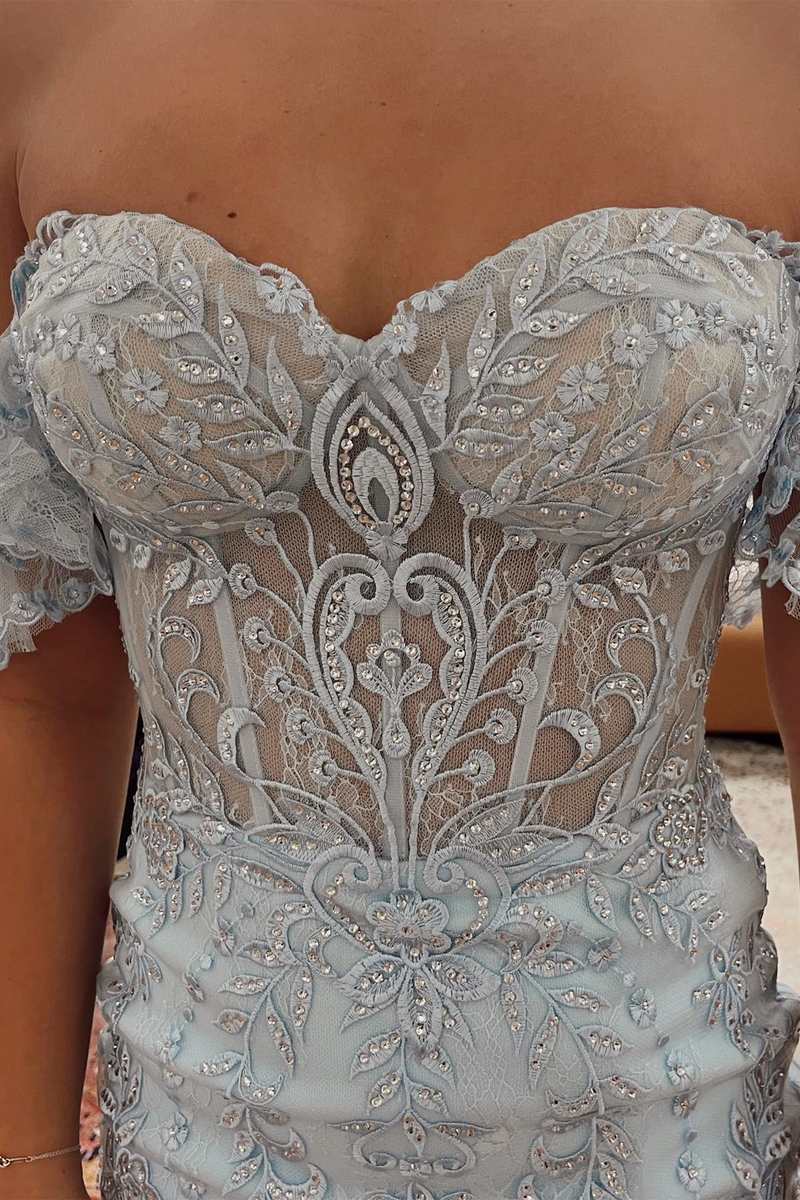 Light Blue Lace Sweetheart Off-the-Shoulder Mermaid Long Formal Dress