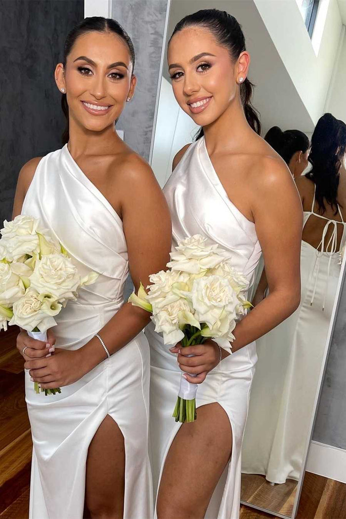 White One-Shoulder Tie-Back Long Bridesmaid Dress with Slit