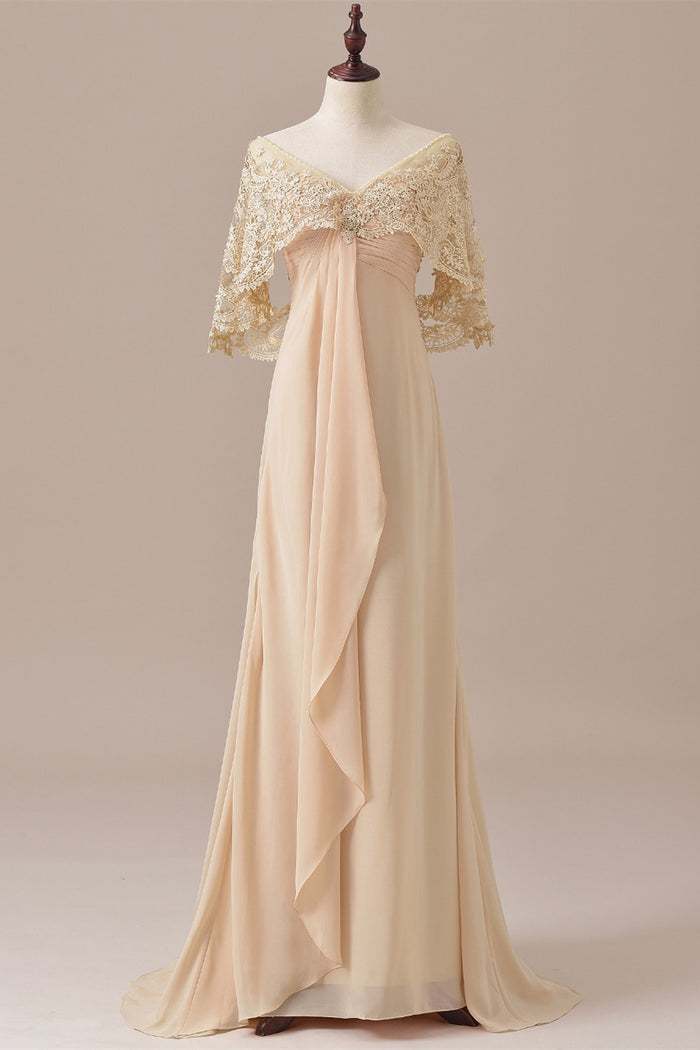 Ruffles Chiffon Long Mother of the Bride Dress with Lace Cape