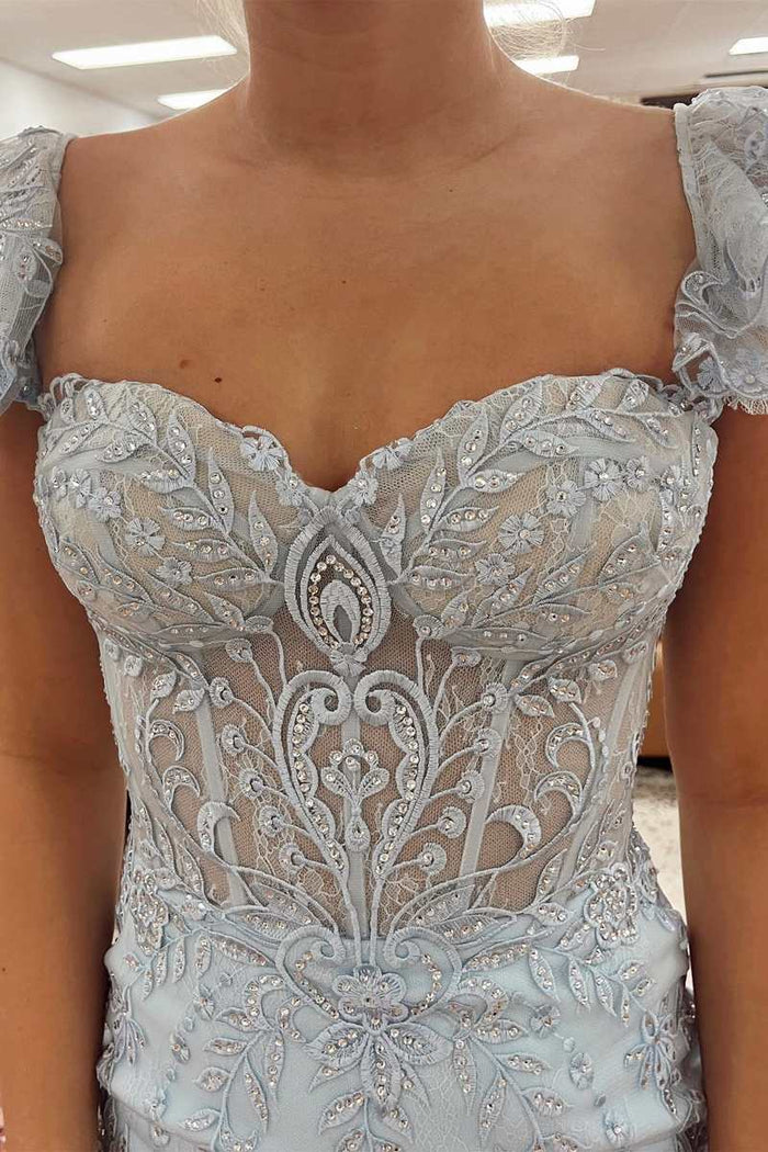 Light Blue Lace Sweetheart Off-the-Shoulder Mermaid Long Formal Dress