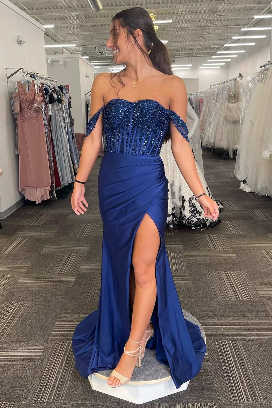 Navy Beaded Off-the-Shoulder Long Formal Dress with Slit