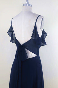 Navy Blue Chiffon Cold-Shoulder A-Line Long Bridesmaid Dress