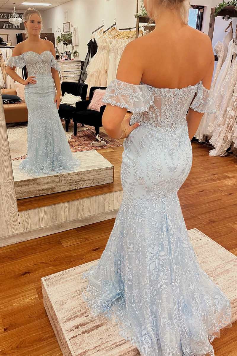 Light Blue Lace Sweetheart Off-the-Shoulder Mermaid Long Formal Dress