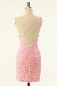 Pink Sequin One-Shoulder Backless Short Formal Dress
