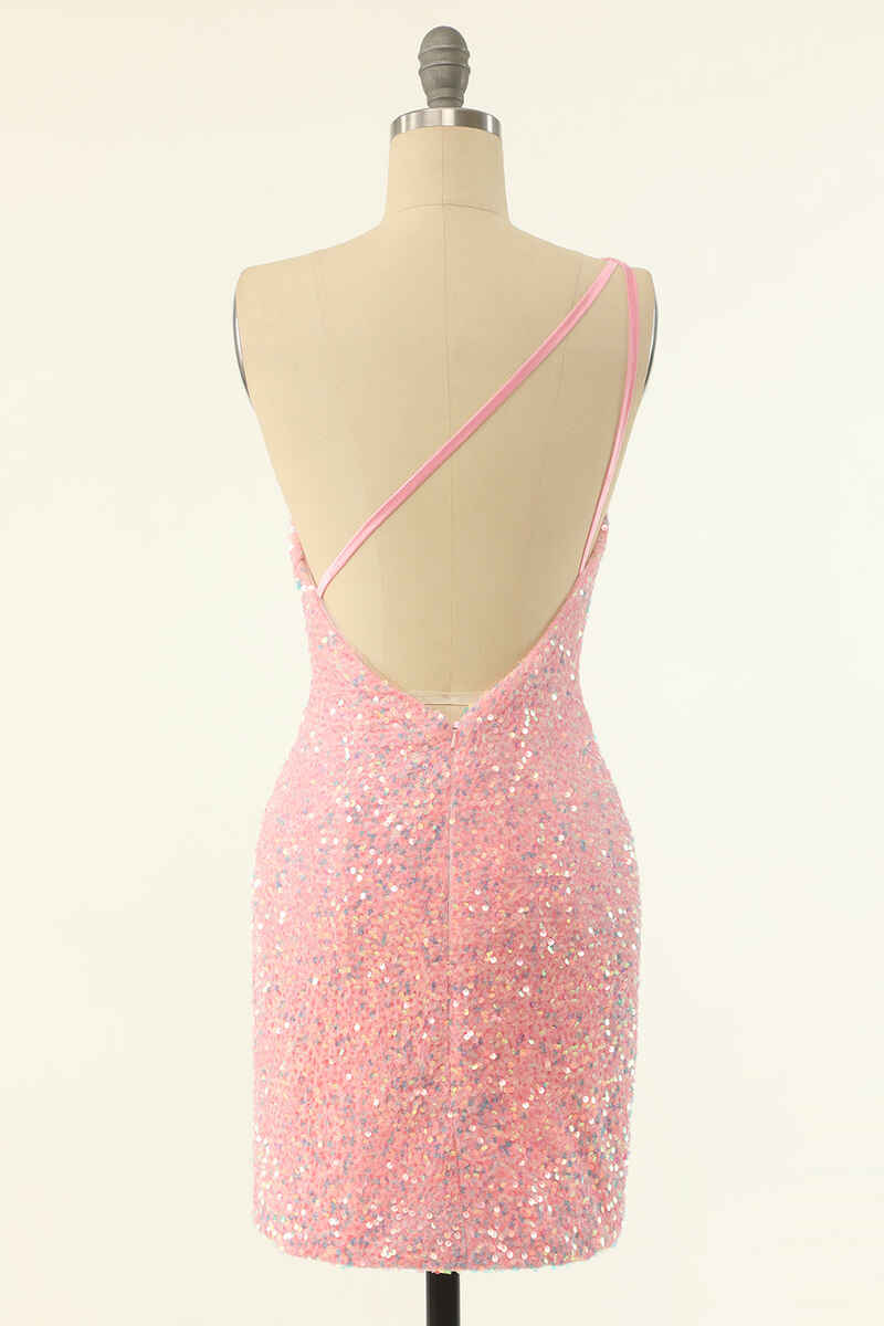 Pink Sequin One-Shoulder Backless Short Formal Dress