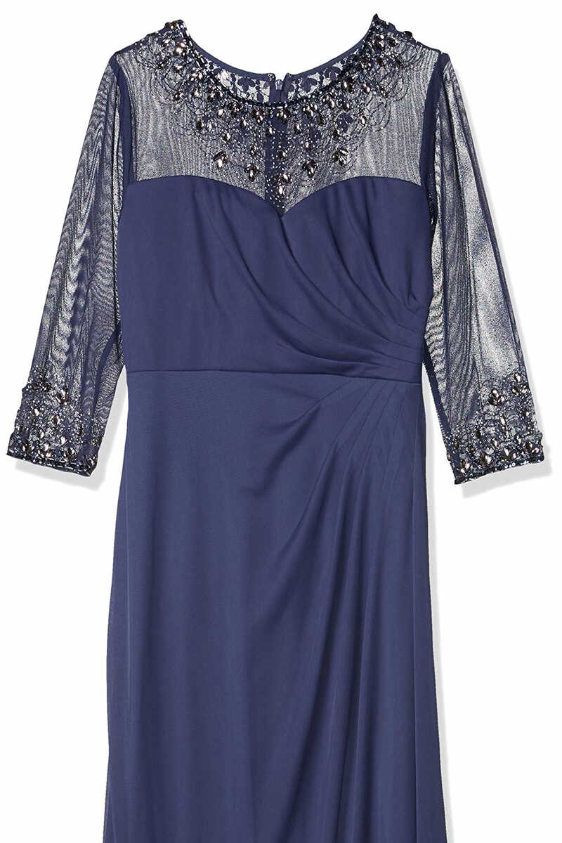 Navy Blue Crew Neck Beading Long Mother of the Bride Dress