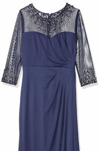 Navy Blue Crew Neck Beading Long Mother of the Bride Dress