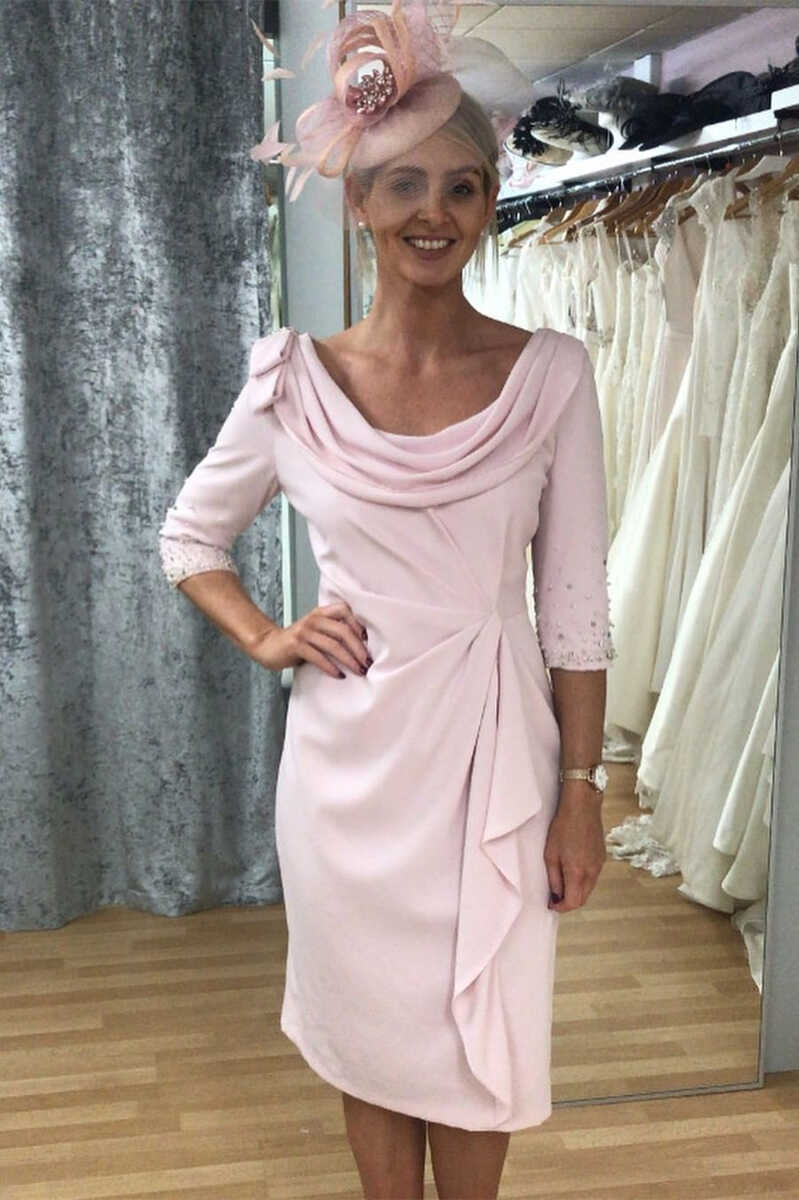 Pink Cowl Neck Half Sleeve Ruffled Short Mother of the Bride Dress