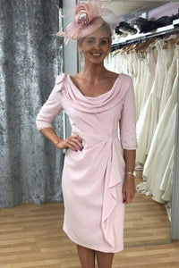 Pink Cowl Neck Half Sleeve Ruffled Short Mother of the Bride Dress