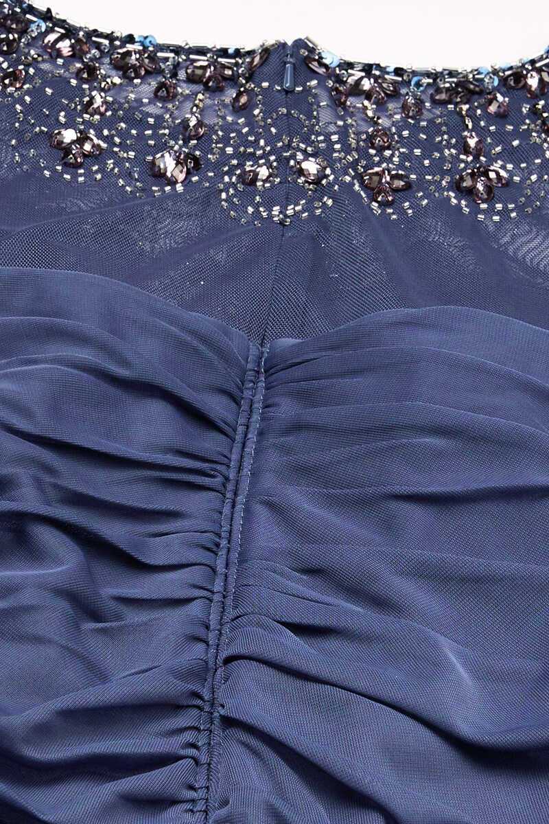 Navy Blue Crew Neck Beading Long Mother of the Bride Dress