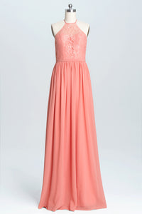 Halter Coral A-line Lace and Chiffon Long Bridesmaid Dress